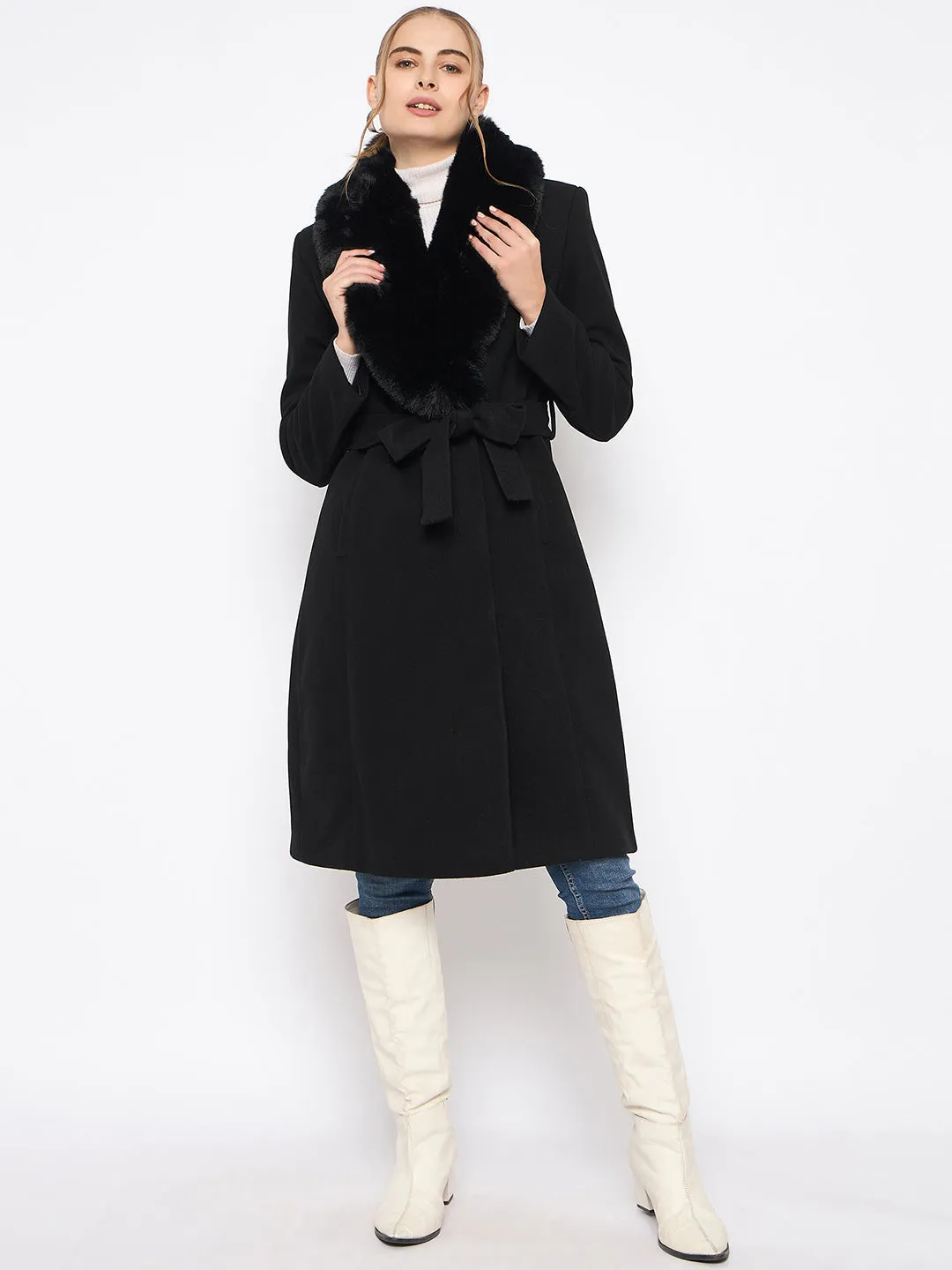 Madame Woolen Blend Fur Lapel Belted Black Long Coat