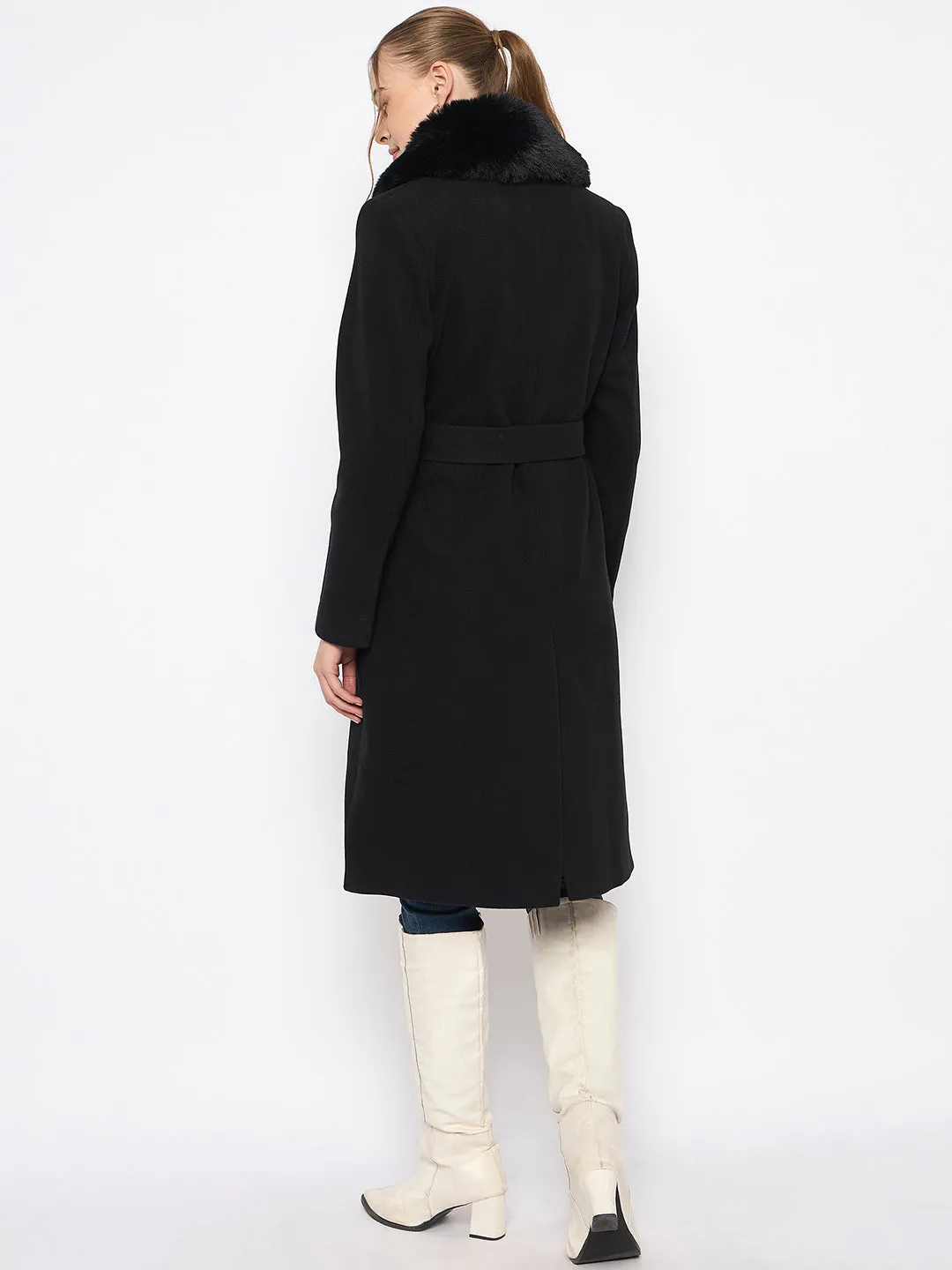 Madame Woolen Blend Fur Lapel Belted Black Long Coat