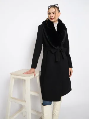 Madame Woolen Blend Fur Lapel Belted Black Long Coat
