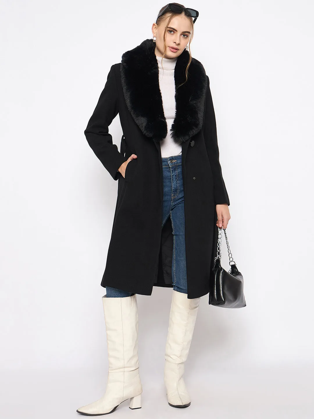 Madame Woolen Blend Fur Lapel Belted Black Long Coat