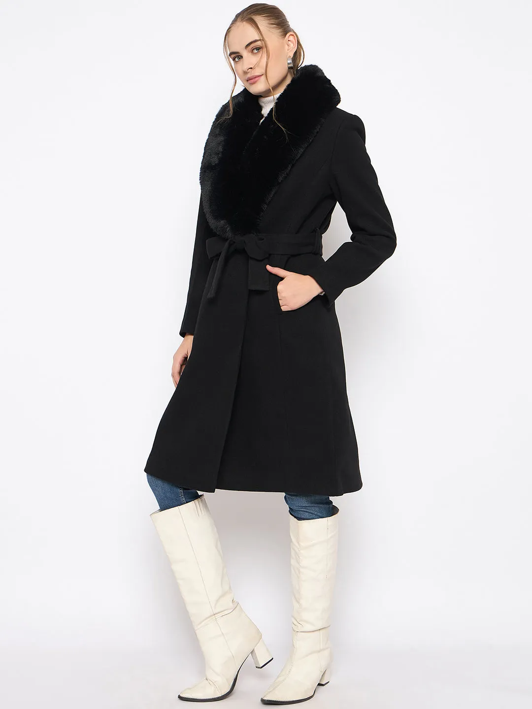 Madame Woolen Blend Fur Lapel Belted Black Long Coat
