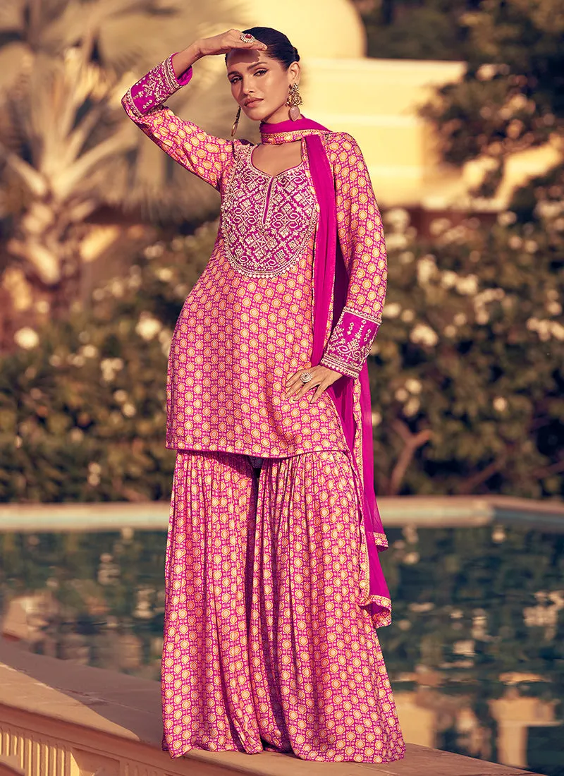 Magenta Pink Embroidery Party Wear Gharara Suit