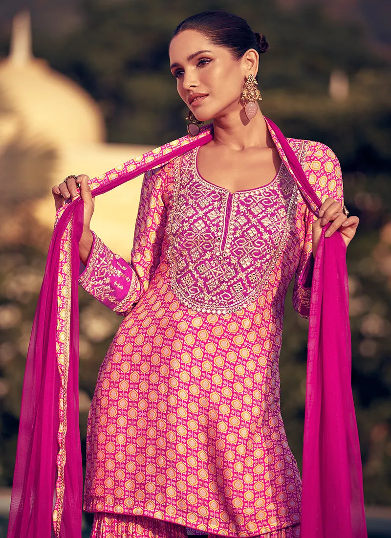 Magenta Pink Embroidery Party Wear Gharara Suit