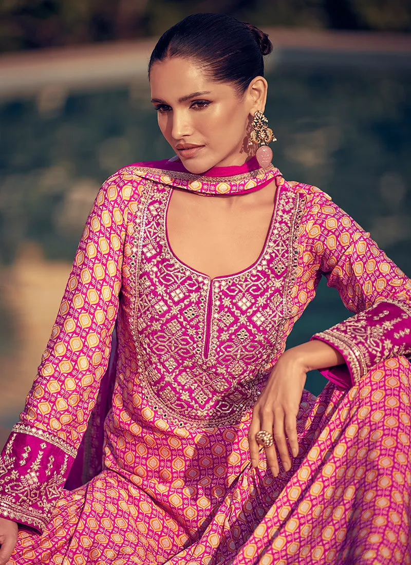 Magenta Pink Embroidery Party Wear Gharara Suit