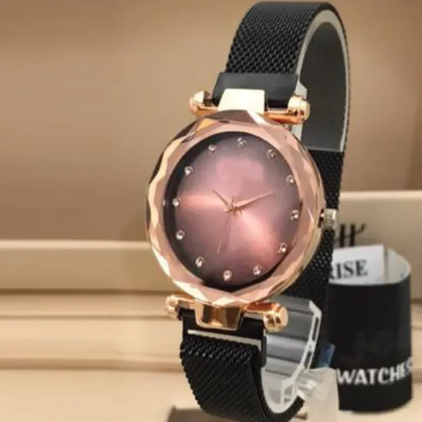 Magnet Chain Elegant Women Wrist Watch Black Belt With Golden Dial