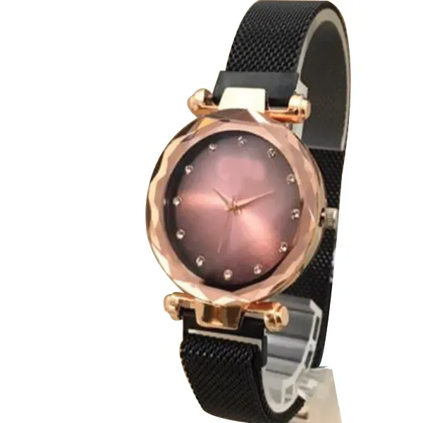 Magnet Chain Elegant Women Wrist Watch Black Belt With Golden Dial
