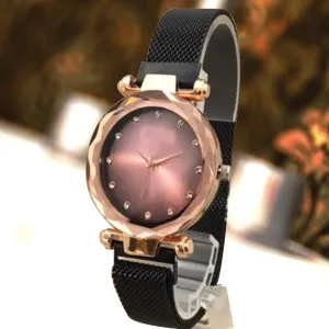 Magnet Chain Elegant Women Wrist Watch Black Belt With Golden Dial