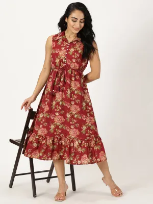 Maroon Vintage Floral Print Shirt Collar Dress with Waist Belt