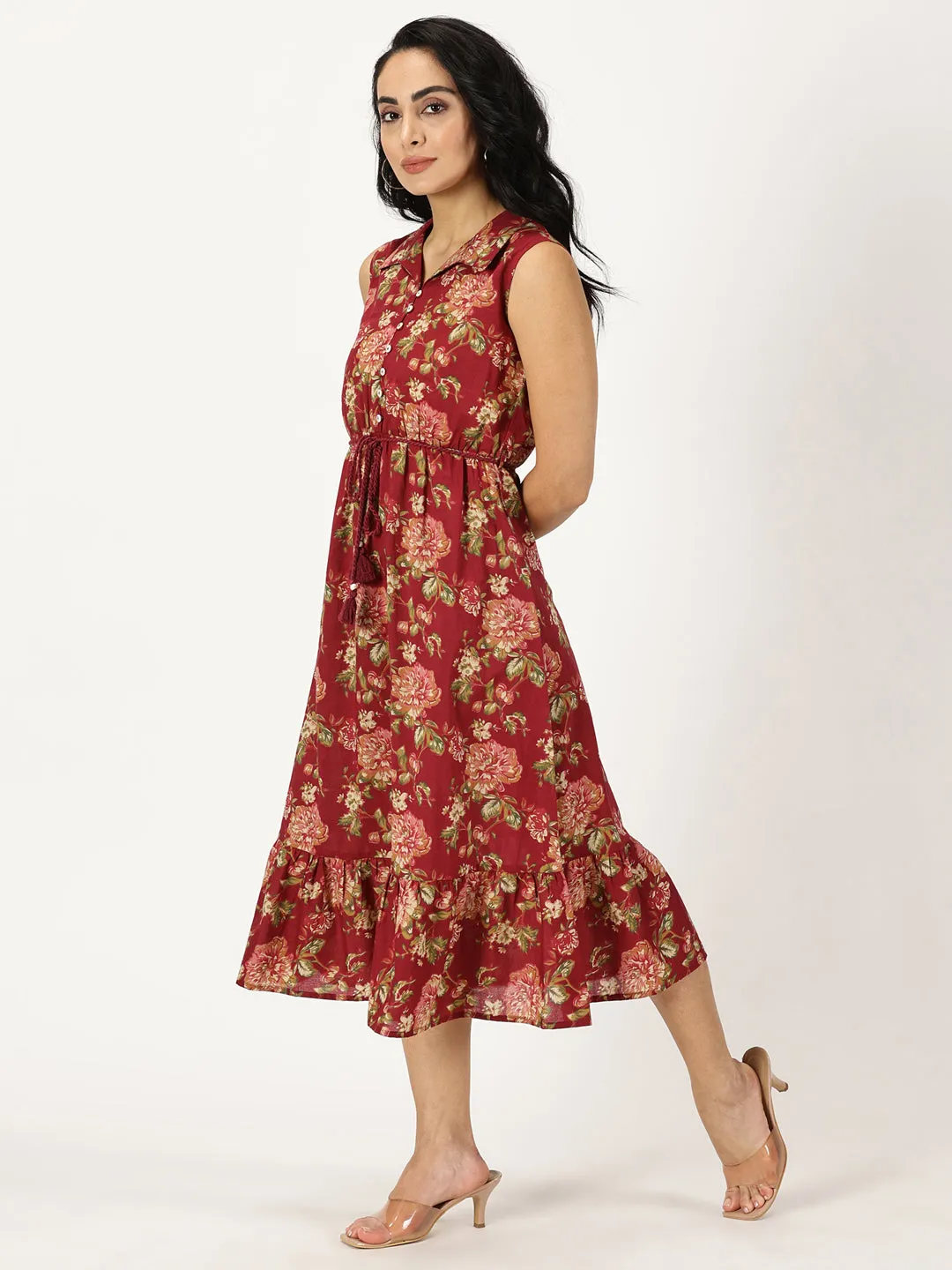 Maroon Vintage Floral Print Shirt Collar Dress with Waist Belt