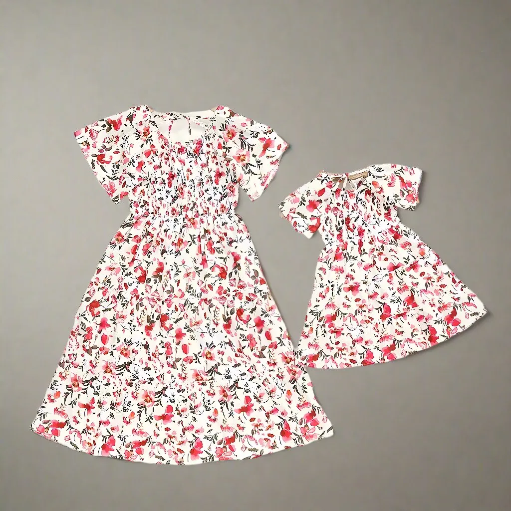 Matching Mommy & Me Floral Smocked Midi Dresses – Short Sleeve Summer Dress Set