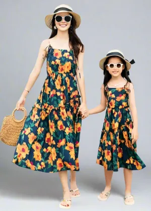 Matching Tropical Floral Beach Outfits  Navy and Orange Flower Print Dresses