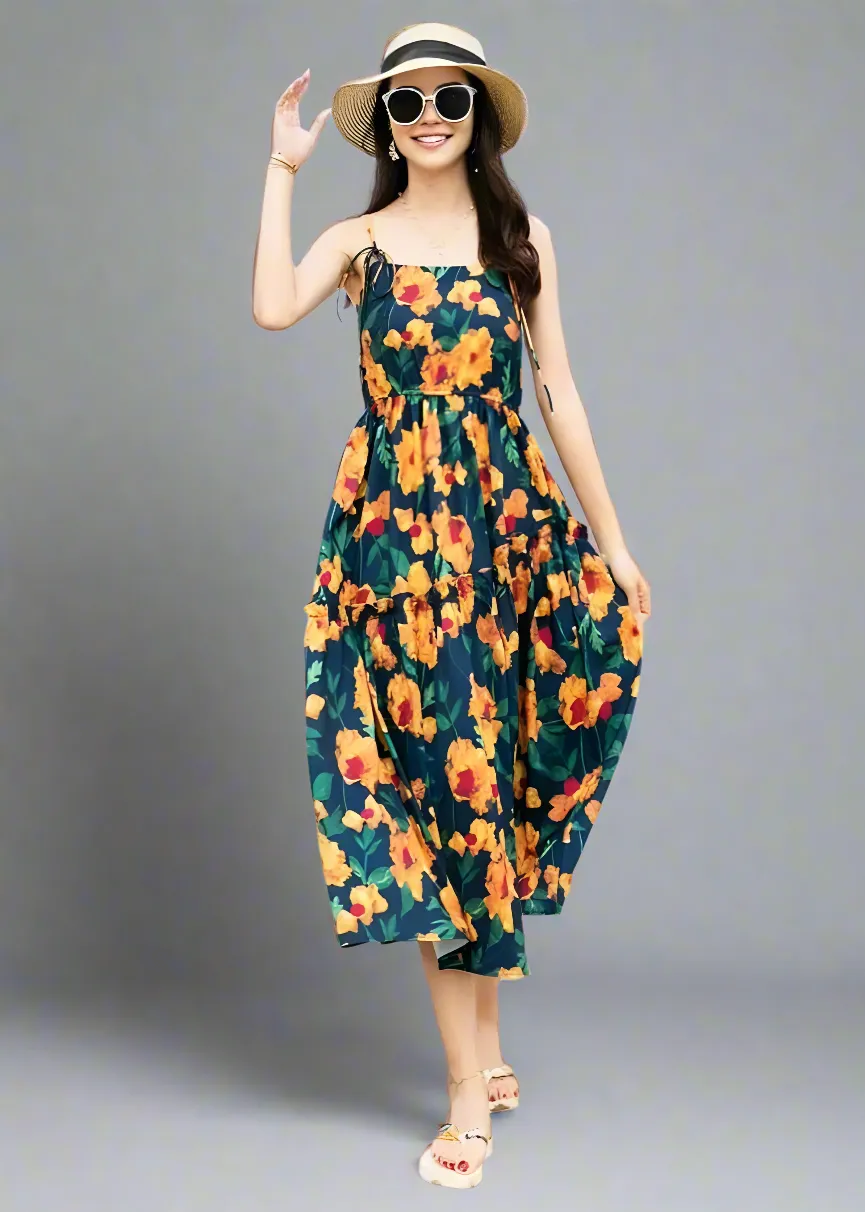 Matching Tropical Floral Beach Outfits  Navy and Orange Flower Print Dresses