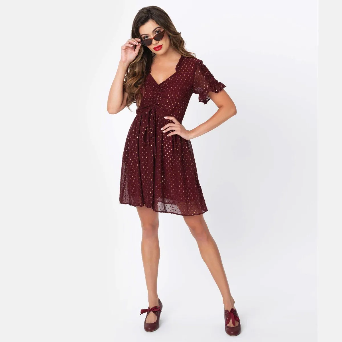 Media Darling Fit & Flare Dress in Burgundy & Gold Dot