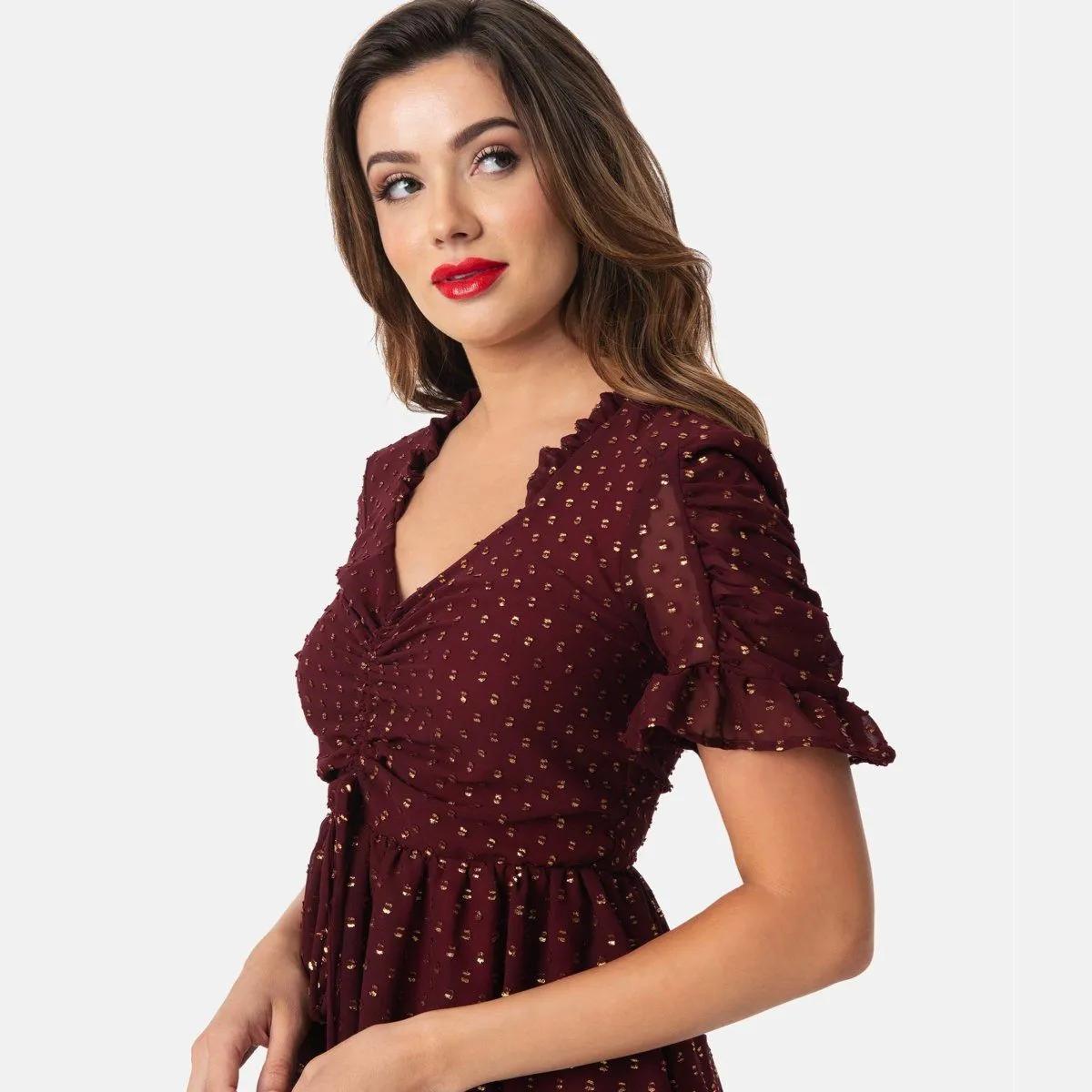 Media Darling Fit & Flare Dress in Burgundy & Gold Dot