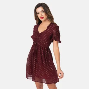 Media Darling Fit & Flare Dress in Burgundy & Gold Dot