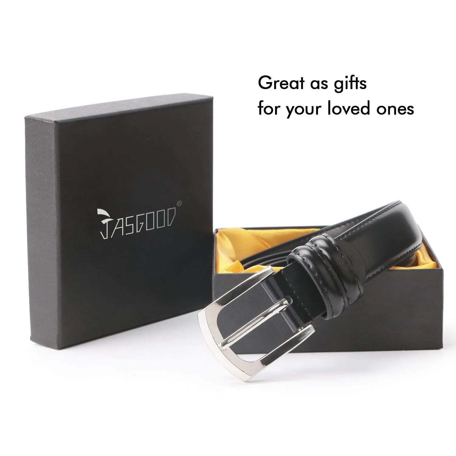 Men's Dress Belt Genuine Leather Black Design Belt with Prong Buckle Elegant Gift Box