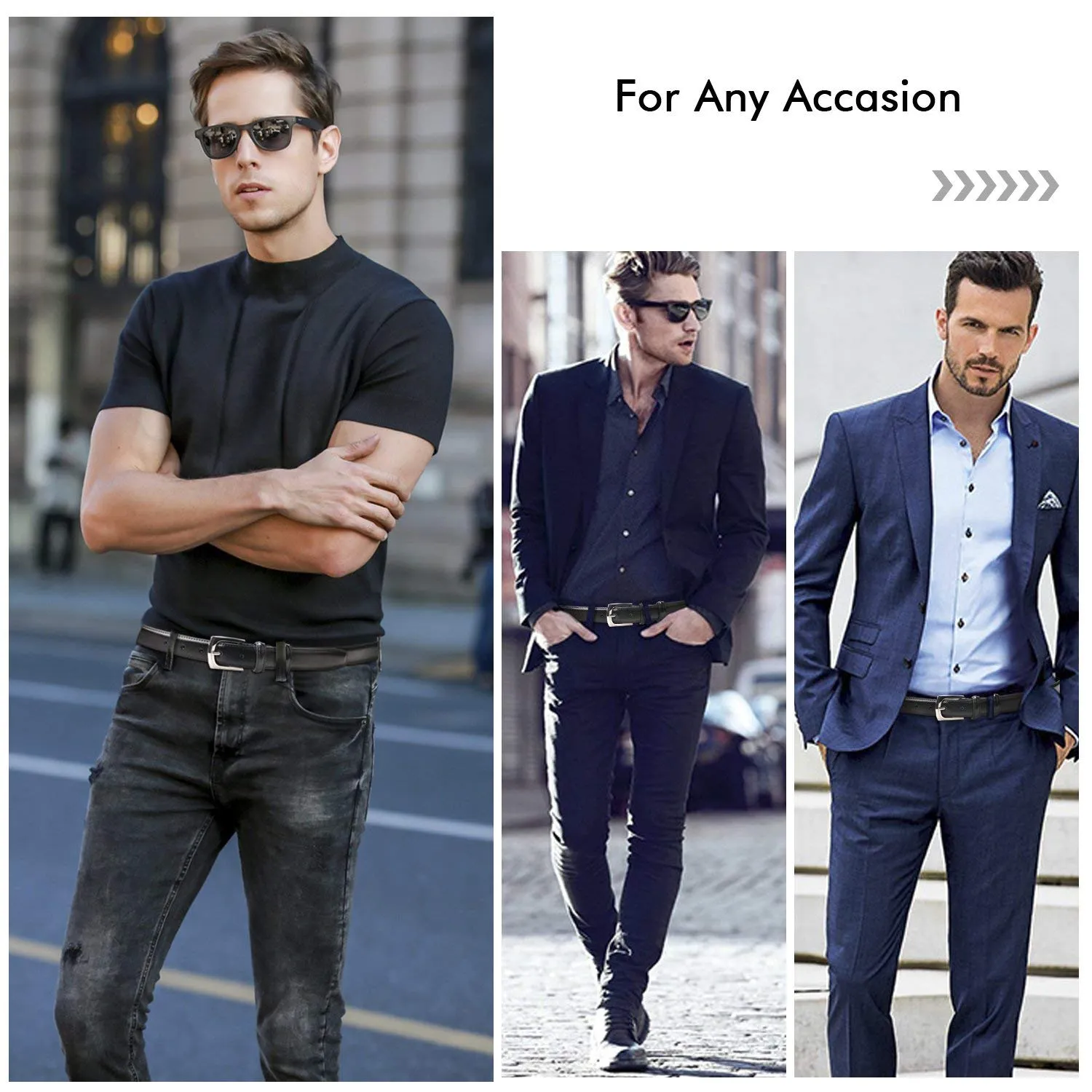 Men's Dress Belt Genuine Leather Black Design Belt with Prong Buckle Elegant Gift Box