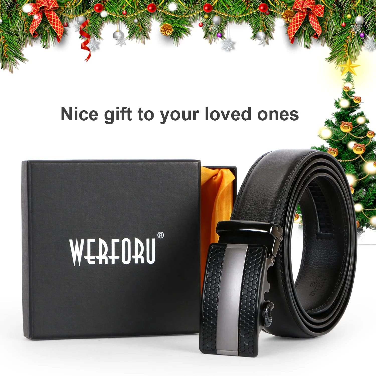 Men's Leather Ratchet Dress Belt with Automatic Buckle in Gift Box