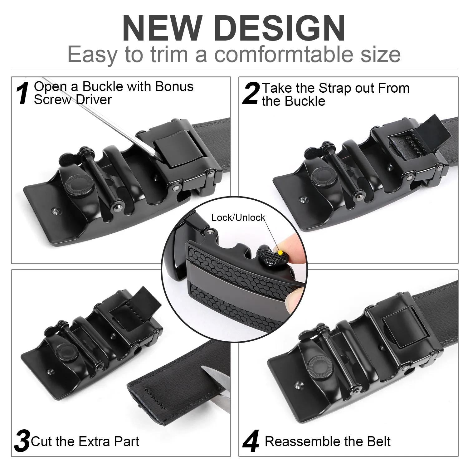 Men's Leather Ratchet Dress Belt with Automatic Buckle in Gift Box
