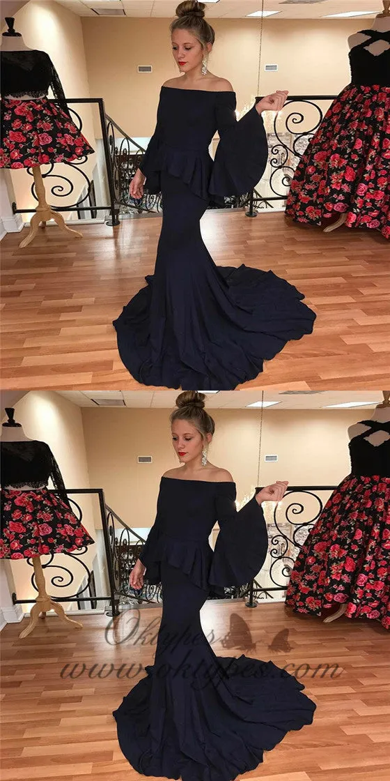 Mermaid Off-the-Shoulder Flare Sleeves Navy Blue Prom Dresses, TYP1440