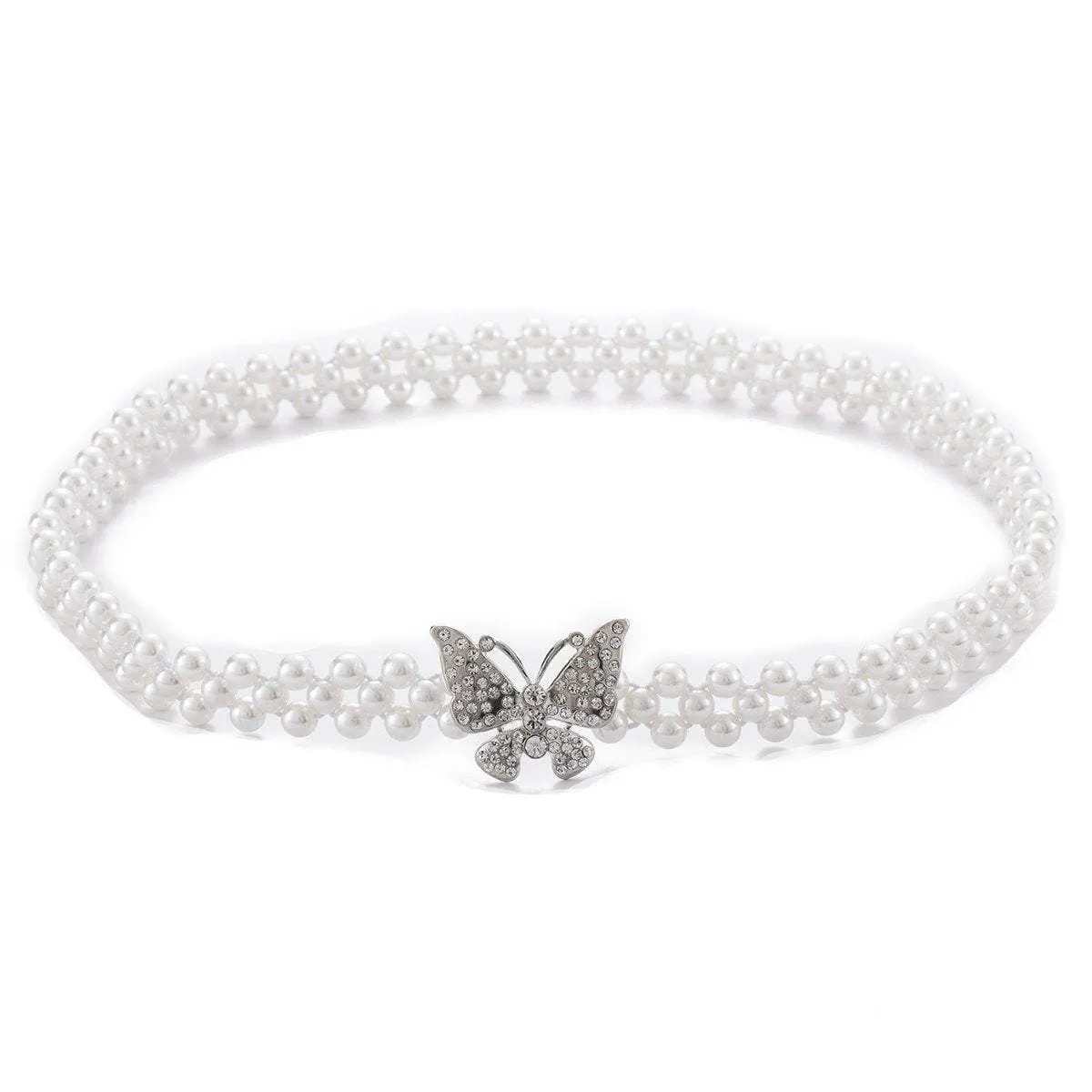 Minimalist Chic Silver Tone Crystal Inlaid Butterfly Beaded Pearl Waist Chain