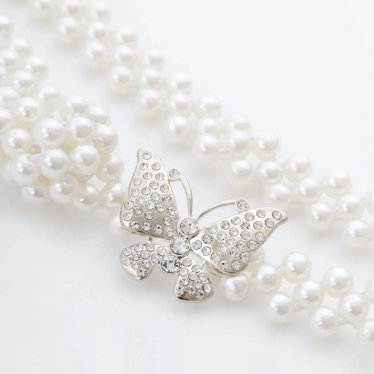 Minimalist Chic Silver Tone Crystal Inlaid Butterfly Beaded Pearl Waist Chain
