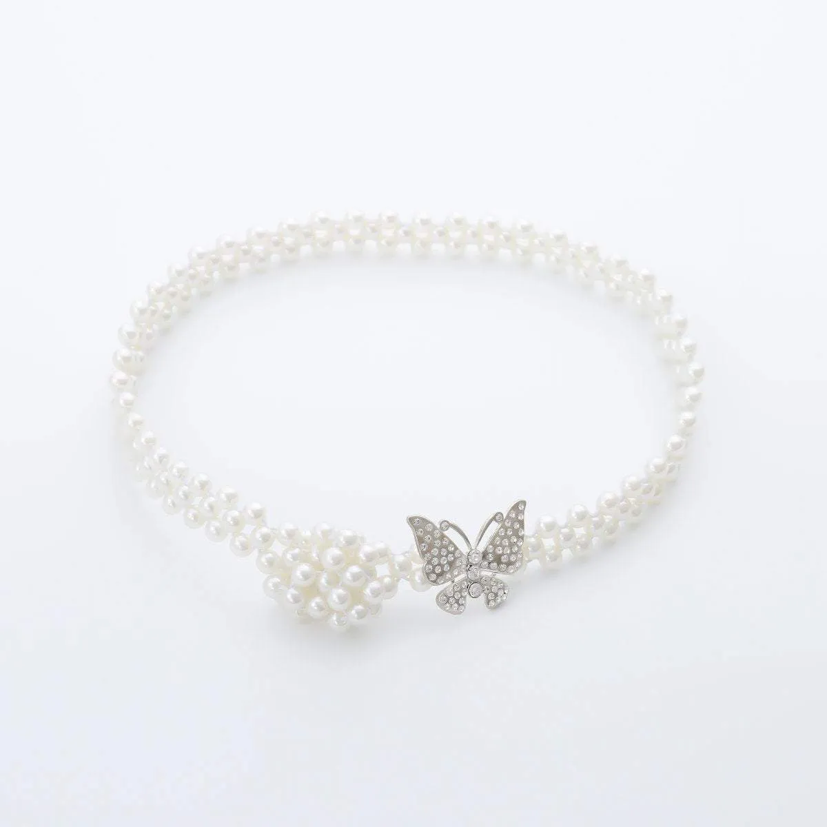 Minimalist Chic Silver Tone Crystal Inlaid Butterfly Beaded Pearl Waist Chain