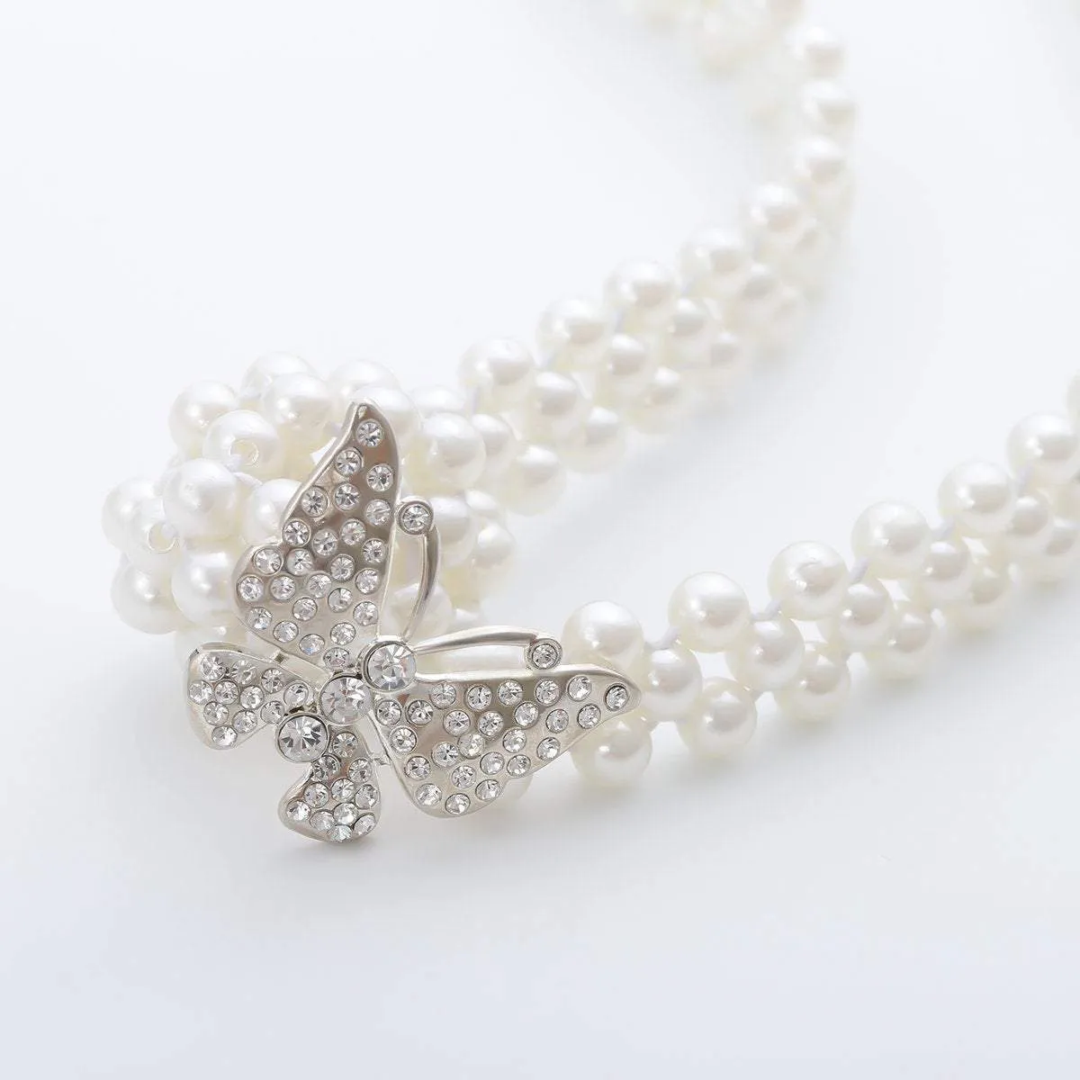 Minimalist Chic Silver Tone Crystal Inlaid Butterfly Beaded Pearl Waist Chain