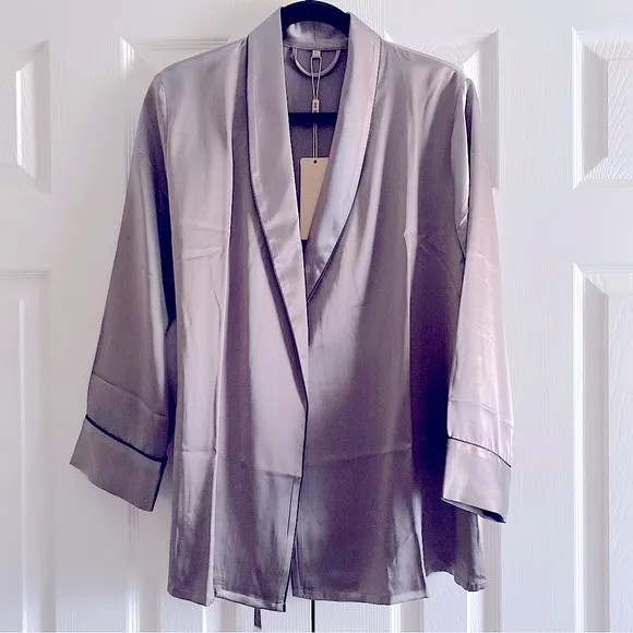 MULBERRY SILK WRAP PAJAMA TOP ROBE BED JACKET ELEGANT FEMININE Gray Black XL