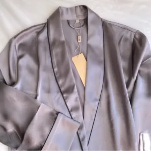 MULBERRY SILK WRAP PAJAMA TOP ROBE BED JACKET ELEGANT FEMININE Gray Black XL