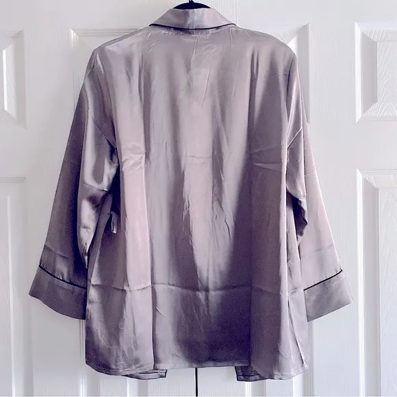 MULBERRY SILK WRAP PAJAMA TOP ROBE BED JACKET ELEGANT FEMININE Gray Black XL