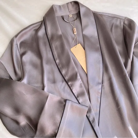 MULBERRY SILK WRAP PAJAMA TOP ROBE BED JACKET ELEGANT FEMININE Gray Black XL