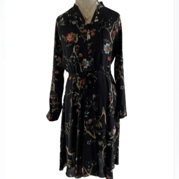 Nanette Lepore Collared 3/4 Sleeve Tie Waist Pleated Floral Rayon Dress Size 8