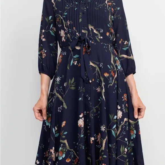 Nanette Lepore Collared 3/4 Sleeve Tie Waist Pleated Floral Rayon Dress Size 8