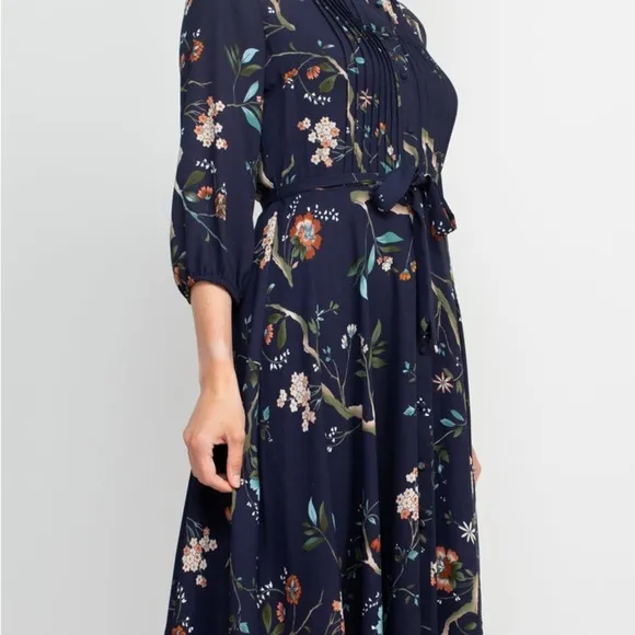 Nanette Lepore Collared 3/4 Sleeve Tie Waist Pleated Floral Rayon Dress Size 8