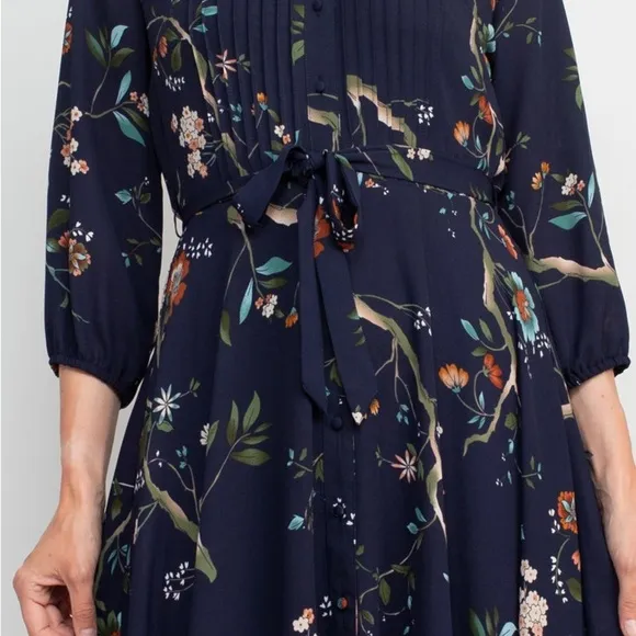 Nanette Lepore Collared 3/4 Sleeve Tie Waist Pleated Floral Rayon Dress Size 8