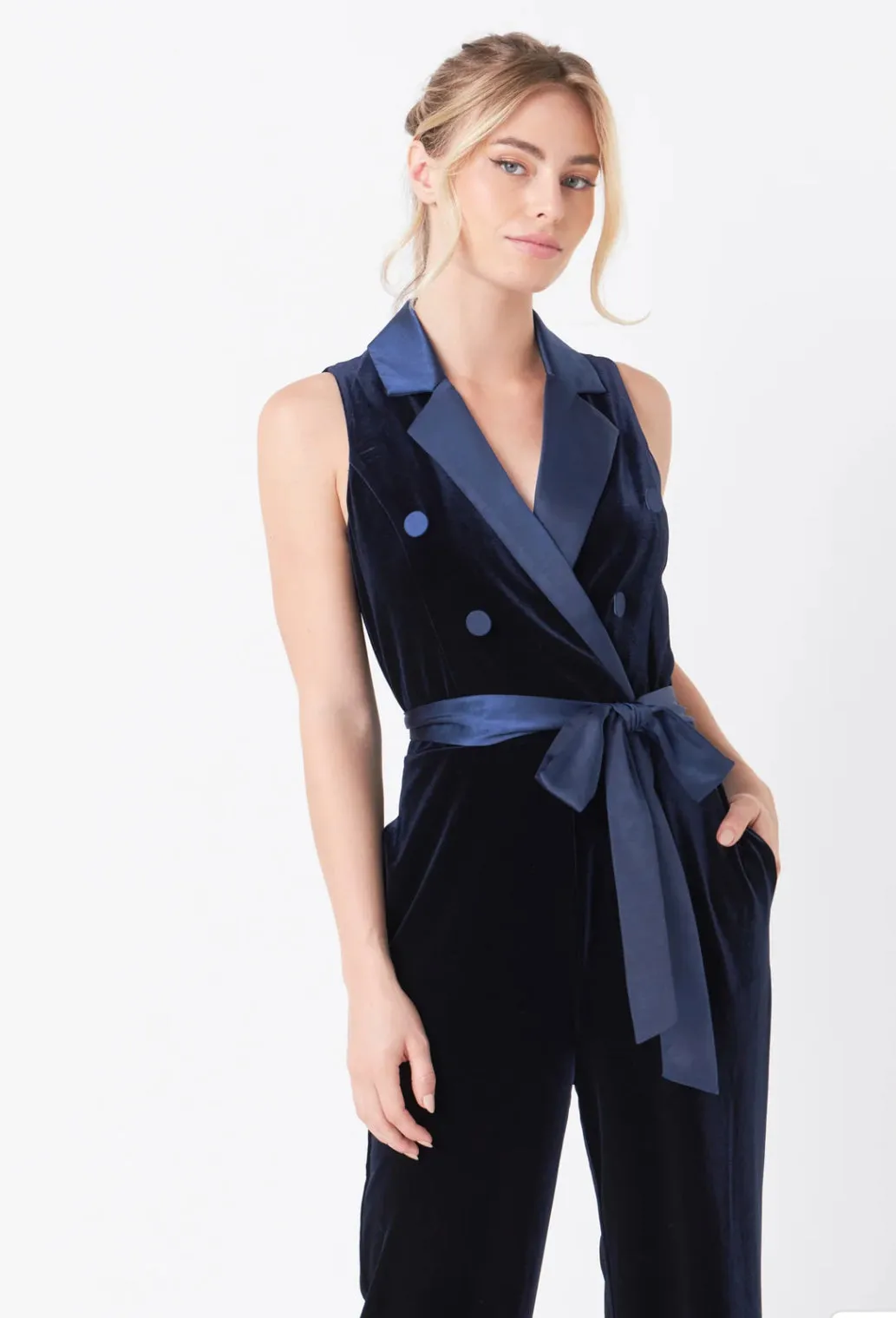 Navy Sleeveless Velvet Jumpsuit