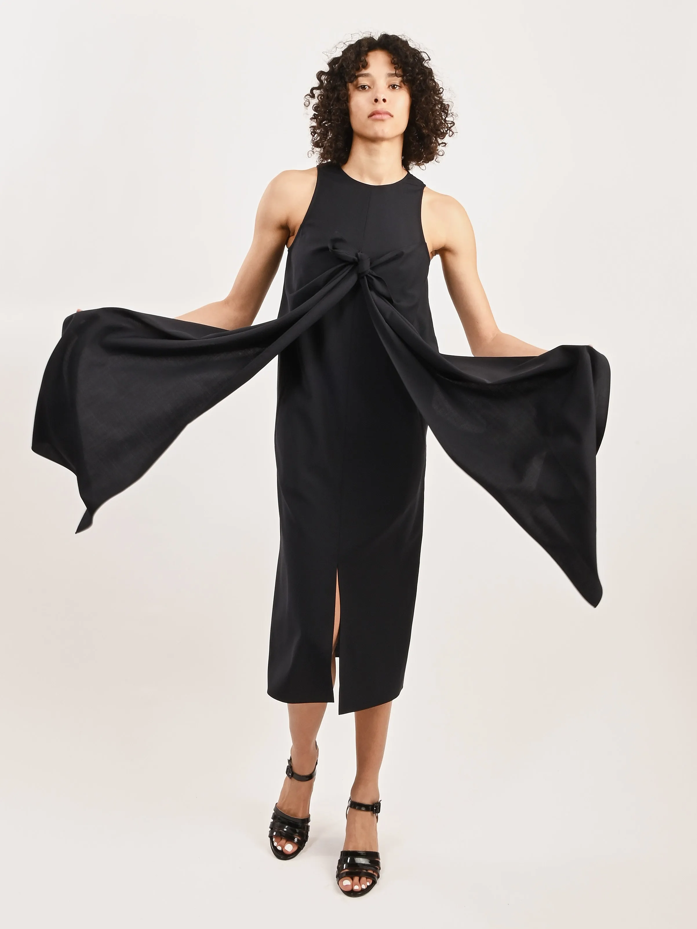 Navy Tropical Wool Tie Front Dress