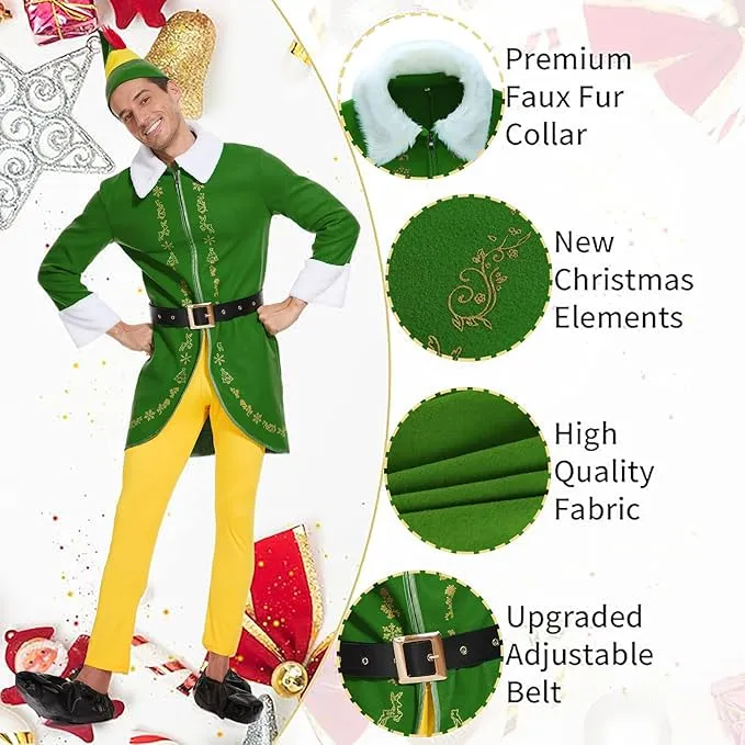 NEW Buddy The Elf Costume Mens Christmas Elf Costume Cosplay Full Set Holiday Party Costumes, Adults, Sz L, Retails $79 