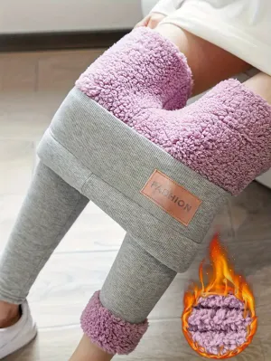 NEW Cozy & Chic Purple Fleece-Lined Leggings with Fashion Patch - Stretchy, Opaque Winter Warmth, Machine Washable - Elegant High-Waist Design for Women, Leggings, Sz S