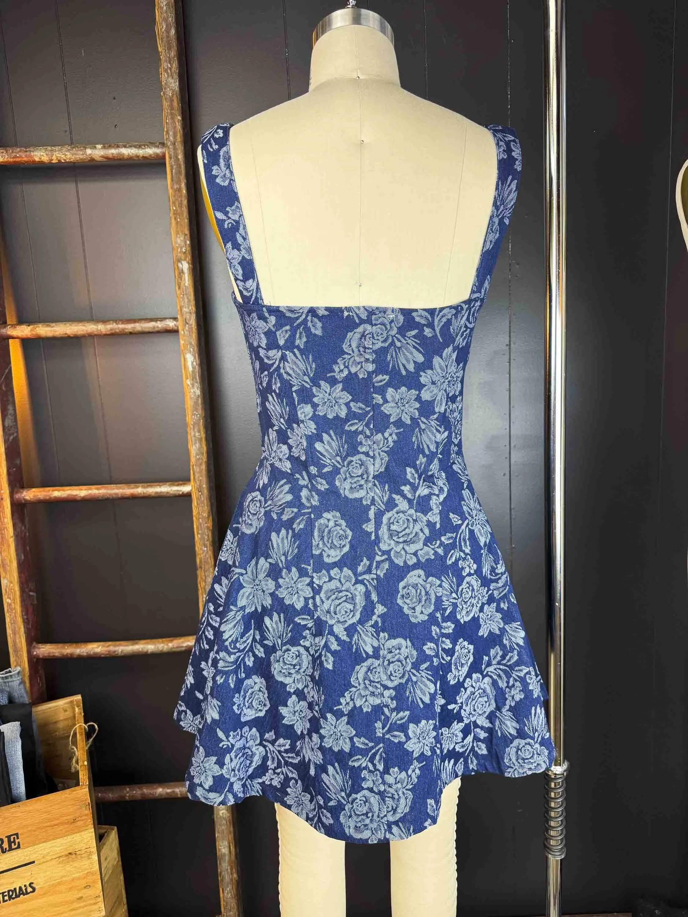 New Floral Jacquard Denim Zip-Up Corset Mini Dress
