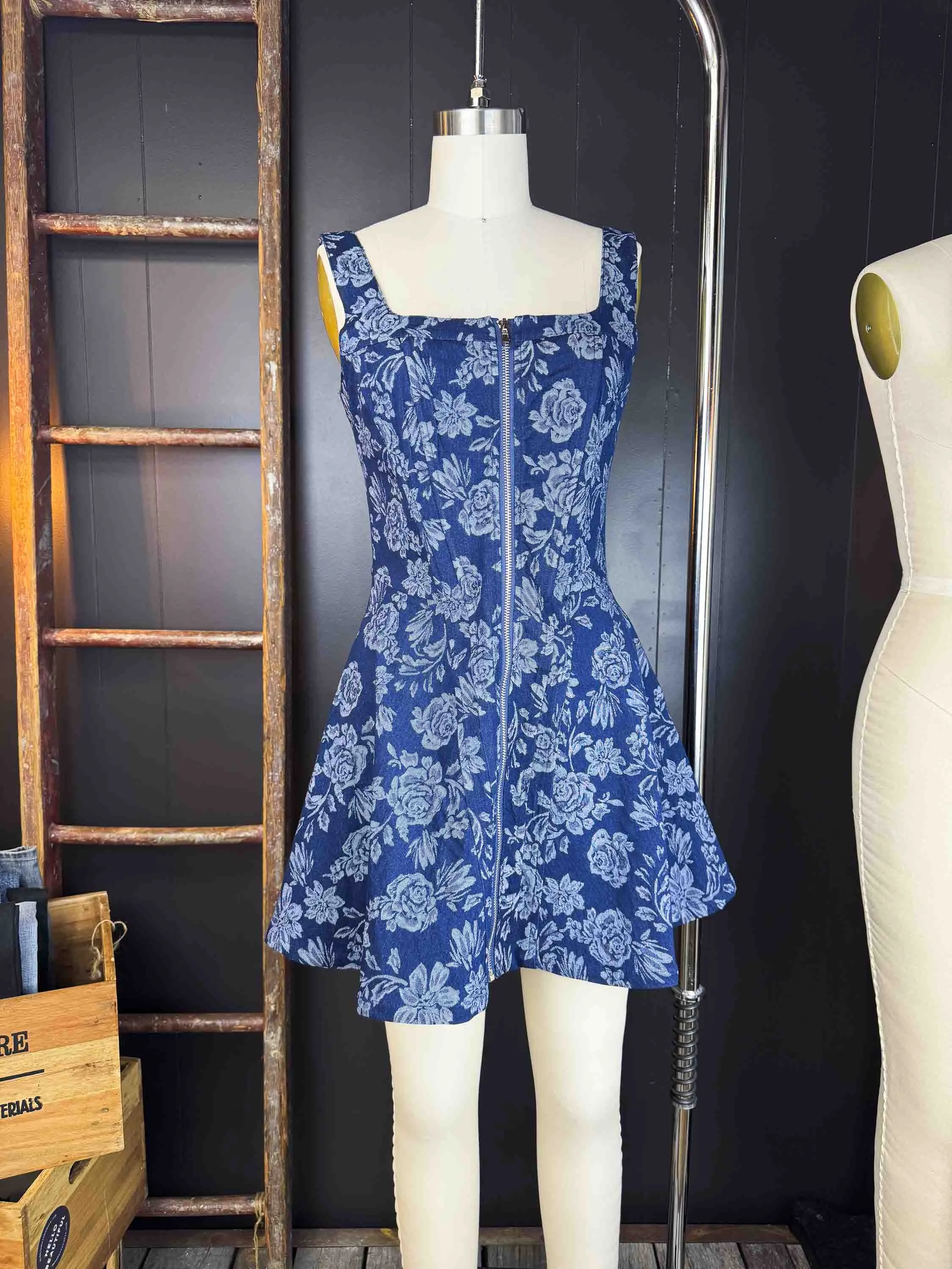 New Floral Jacquard Denim Zip-Up Corset Mini Dress