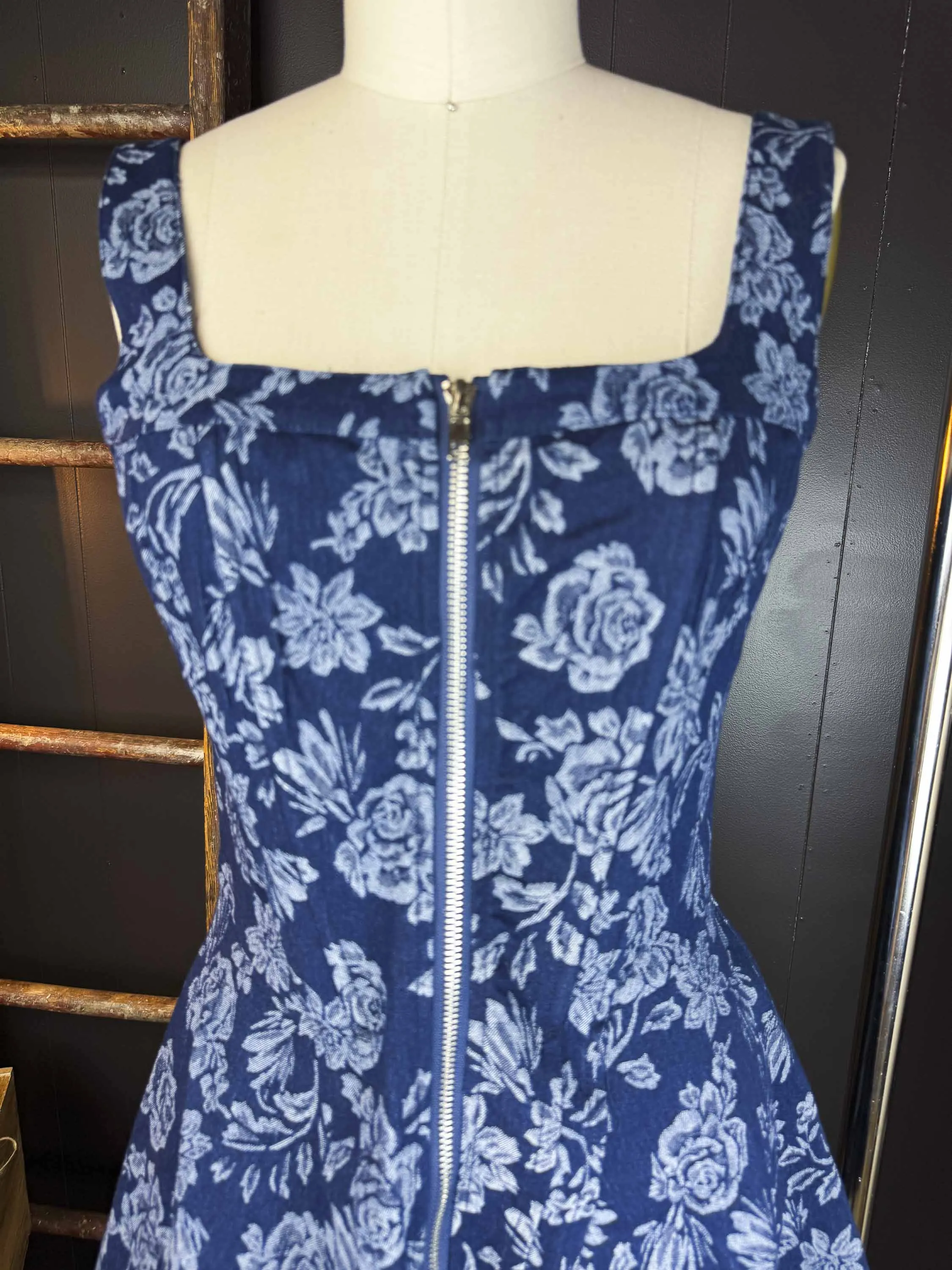 New Floral Jacquard Denim Zip-Up Corset Mini Dress