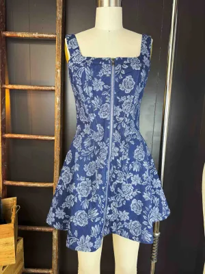 New Floral Jacquard Denim Zip-Up Corset Mini Dress