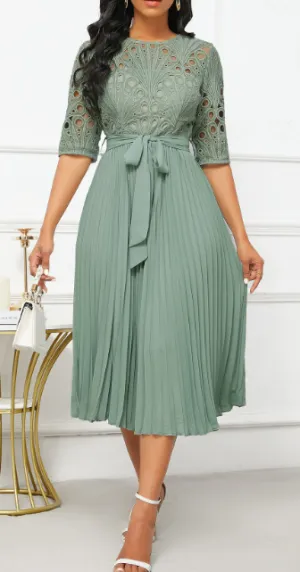 NEW Rosewe Patchwork Belted Sage Green Half Sleeve Round Neck Dress, Sz L, Retails $100