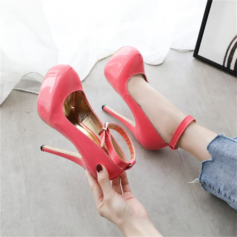 New Stylish Round Toe Buckle Hot Pink High Heels