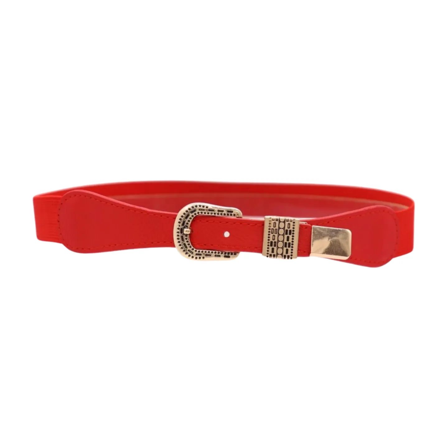 New Women Red Skinny Elastic Waistband Fashion Belt Hip High Waist Gold Buckle S M