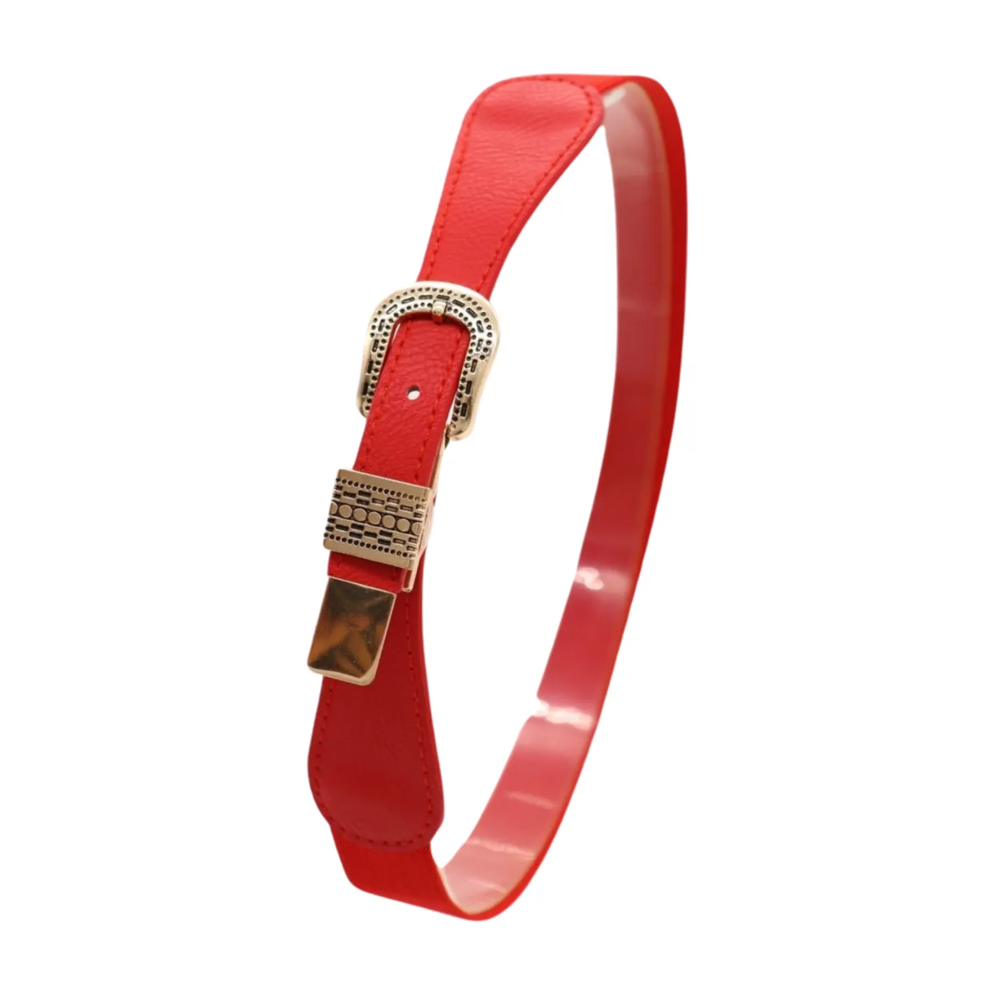 New Women Red Skinny Elastic Waistband Fashion Belt Hip High Waist Gold Buckle S M