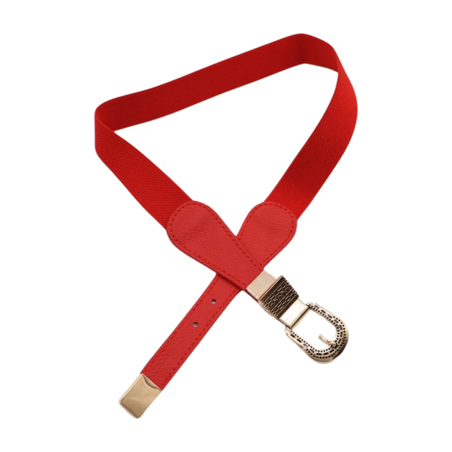 New Women Red Skinny Elastic Waistband Fashion Belt Hip High Waist Gold Buckle S M