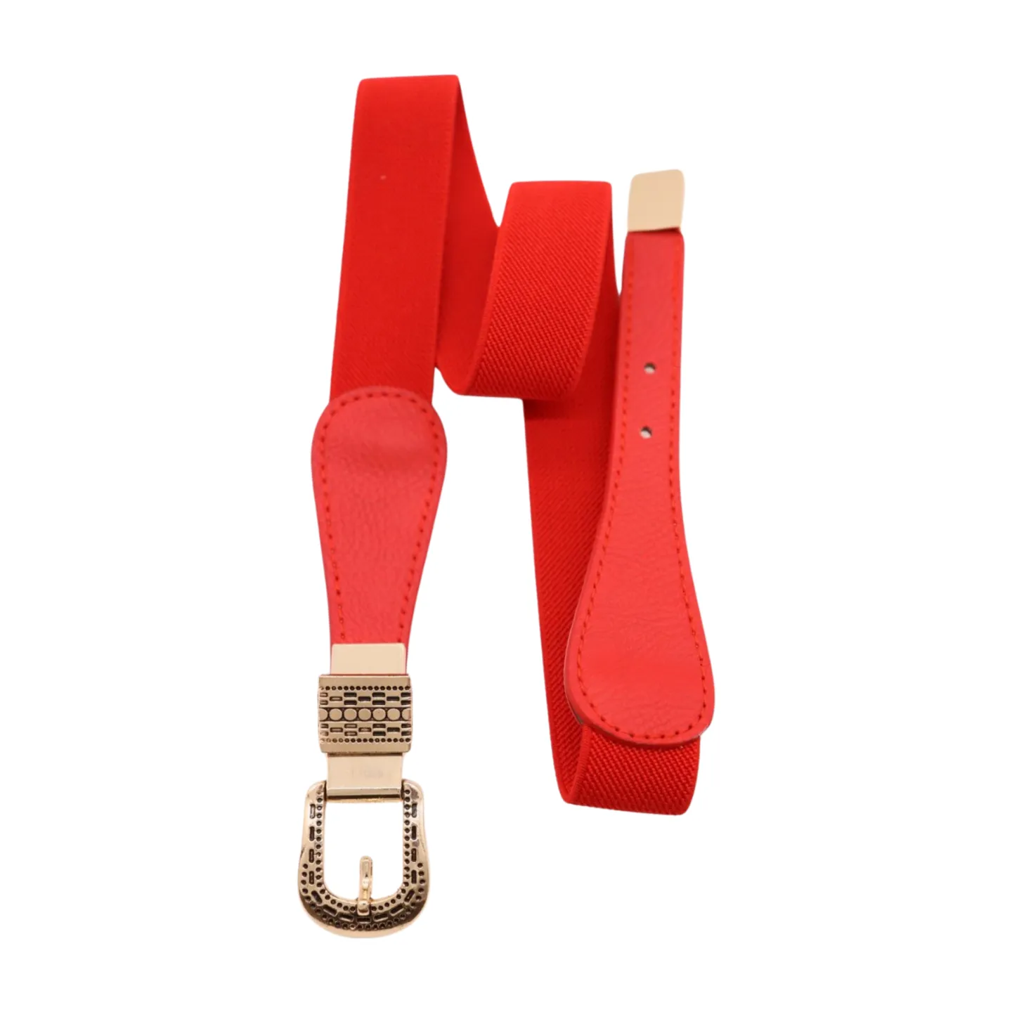 New Women Red Skinny Elastic Waistband Fashion Belt Hip High Waist Gold Buckle S M